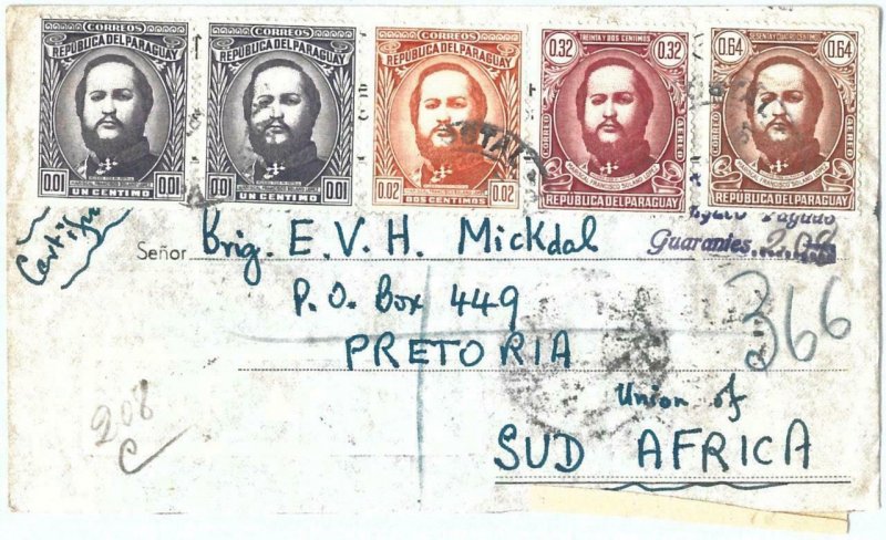 69321 - PARAGUAY - POSTAL HISTORY - REGISTERED COVER to SOUTH AFRICA 1951