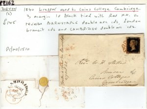 GB PENNY BLACK Cover Devon Barnstaple MX Cambridge CAIUS COLLEGE 1840 PE162