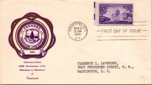 1941 FDC - 150th Anniv of VT Statehood - Better Cachet - Montpelier, VT - F32942