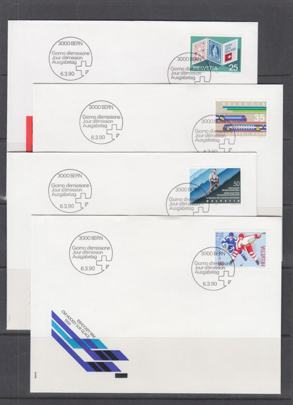 Switzerland Mi 1409/1435, 1990 issues, 7 sets in singles on 15 cacheted FDCs