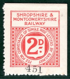 GB Wales SHROPSHIRE & MONTGOMERYS RAILWAY Letter Stamp 2d Red (1914) Mint SBW81