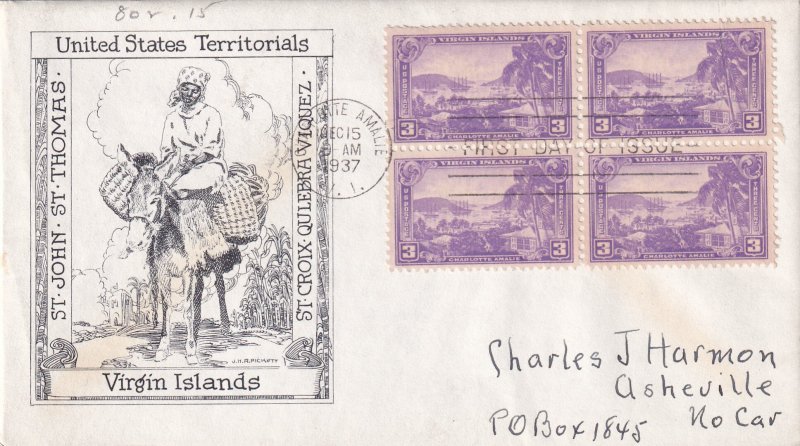 1937, Honoring Virgin Islands, Block/4, Waddey Co., FDC (E13596)