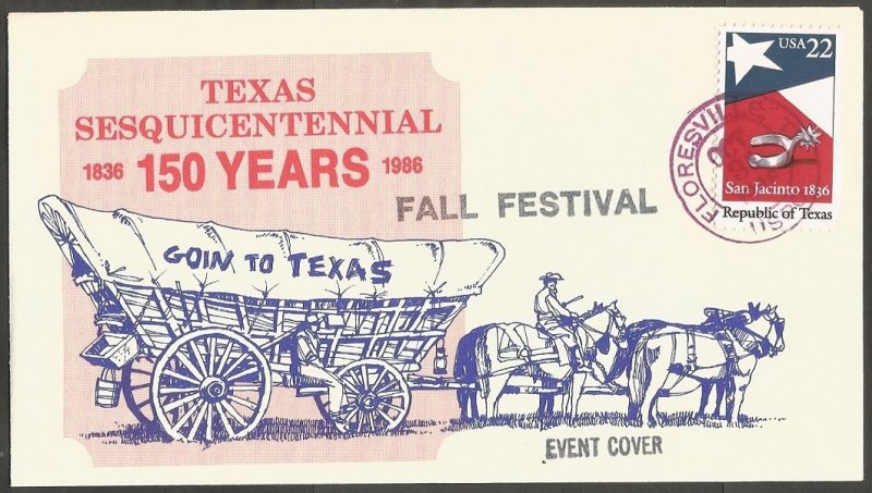 1986 US COVER.FLORESVILLE TX,FALL FESTIVAL,REPUBLIC OF TEXAS 22C STAMP