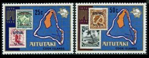 Aitutaki 102-103, 103a sheet, MNH. Mi 118-119,Bl.2. UPU-100,1974. Map,Bird,Palm.