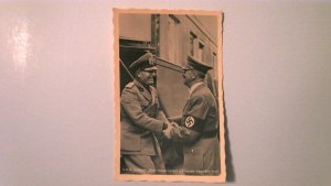 GERMANY WWII ERA PROPAGANDA POSTAL CARD: 1938 THE FURHER MEETING A GENERAL