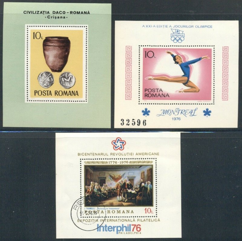 ROMANIA: Three 1976 Souvenir Sheets; OLYMPICS ARTIFACTS BICENTENNIAL