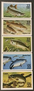 USA #2209a MNH strip of 5, various fish, issued 1986