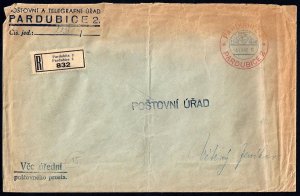 HUNGARY 1940 REGISTERED PARDUBICE 2 TELEGRAM COVER WITH RED & BLUE CANCEL TONED