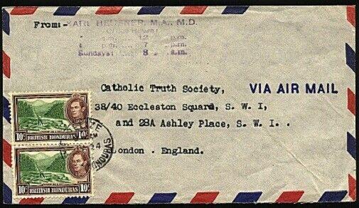 BR HONDURAS 1954 airmail cover to UK - GVI 10c pair Belize cds............91685A