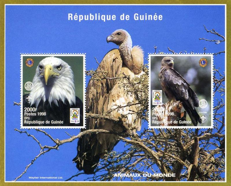 Guinea 1998 BIRDS OF PREY Lions & Rotary Emblem s/s Perforated Mint (NH)