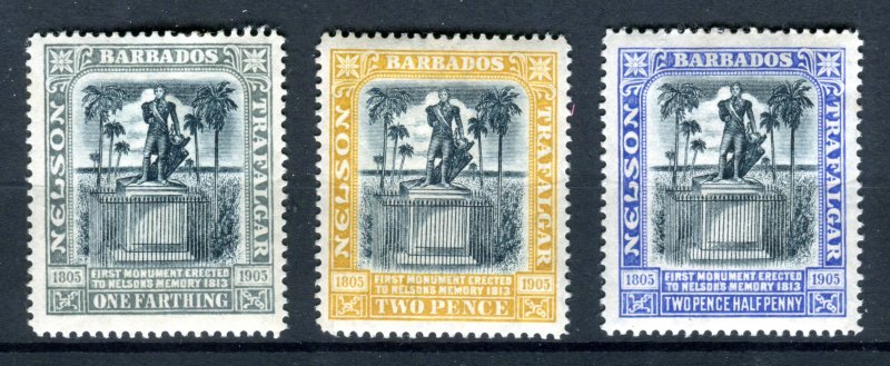 Barbados 1907. Nelson Centenary set of 3. Mint Hinged. MC CA. SG158, SG161/162..