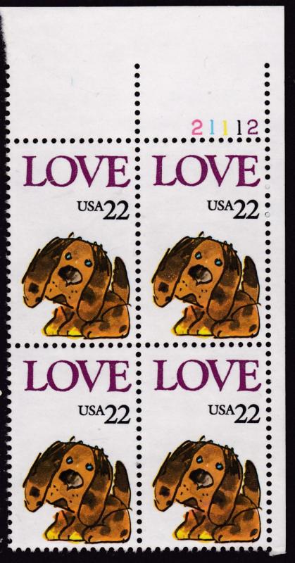 U.S. 1986 Love Stamp Puppy Plate Number Block VF/NH