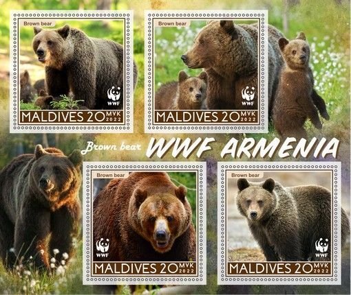 Stamps. Fauna Animals WWF Armenia Bear  1+1 sheets perforated 2022 year