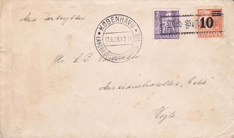 Denmark 1938 Copenhagen Cancel 10 Overprint Stamps Cover Ref 45713