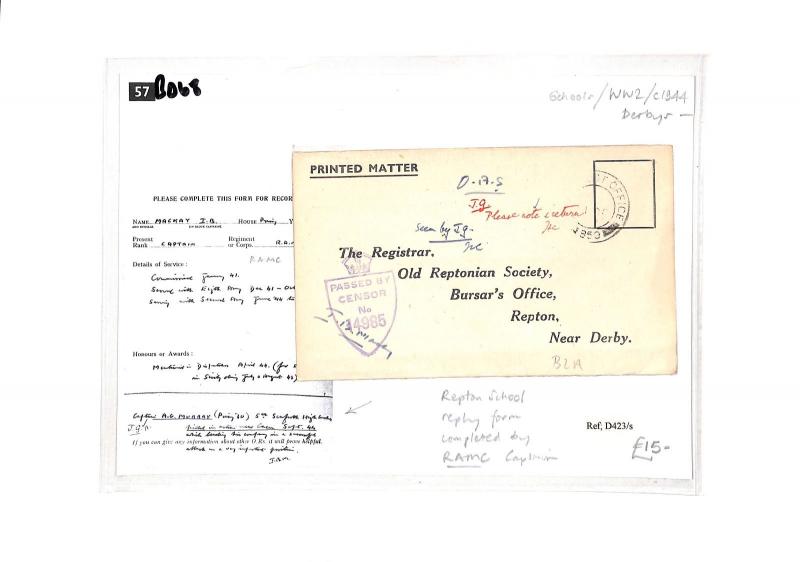 GB Cover Printed Matter REPTON SCHOOL Reply Form RAMC Captain WW2 c1944 BD68