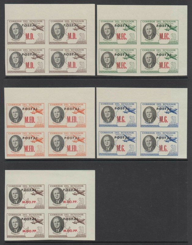 ECUADOR 1949 ROOSEVELT OFFICIAL Bts O222-O230 SET IMPERF BLOCKSx4 PLATE FLAW MNH 