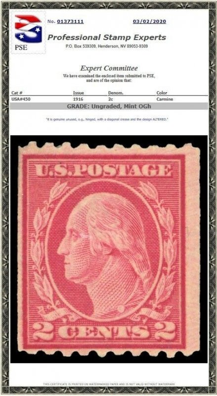 U.S. #449 Used F-VF w/ Crowe Certificate