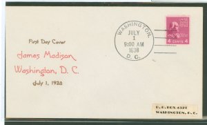 US 808 1938 4c James Madison (presidential/prexy series) single on an addressed (label) first day cover with a Louis Nix cachet.