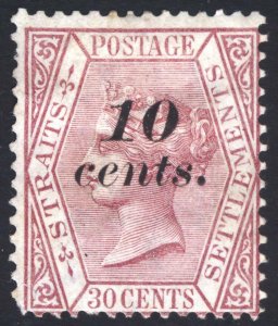 Malaya Straits Settlements 1880 10c on 30c Claret CC Scott 35 SG 46 MH Cat $500