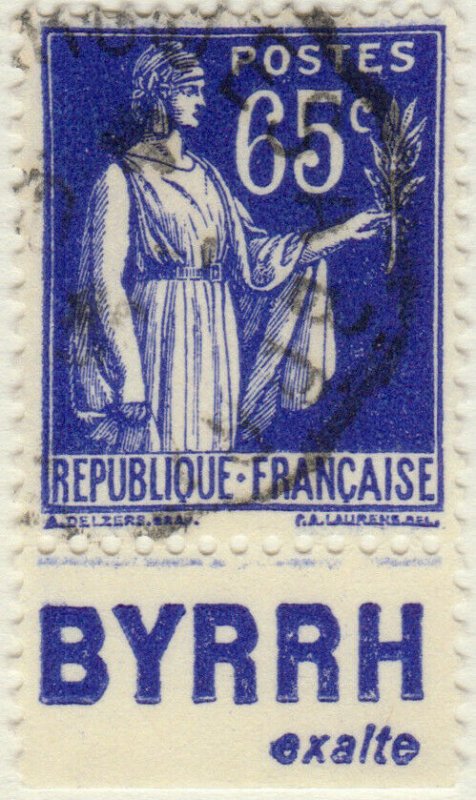 FRANCE - 1937 Pub BYRRH (exalte) inférieure sur Yv.365b 65c Paix - obl. TB