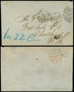 1869 Stampless, MARGATE - LONDON - CLEVELAND, ODD Gun Sight Mark, C/C G T P SOC.