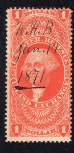 US 1862 $1 red Inland Exchange Revenue, Scott R69c used, value = 70c