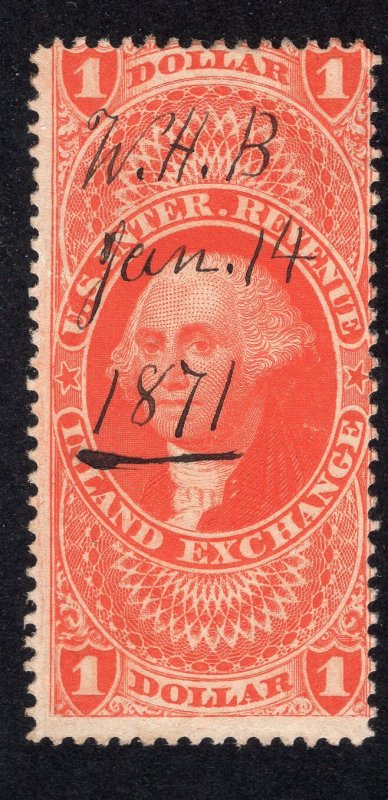 US 1862 $1 red Inland Exchange Revenue, Scott R69c used, value = 70c