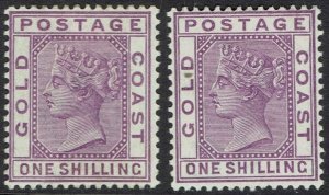 GOLD COAST 1884 QV 1/- BOTH SHADES WMK CROWN CA