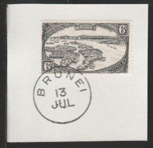 BRUNEI 1947 RIVER SCENE  6c black  on piece with MADAME JOSEPH  POSTMARK