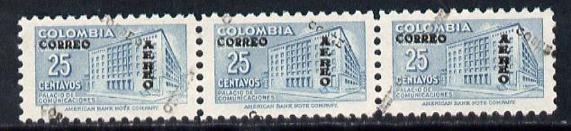 Colombia 1953 Post Office 25c strip of 3 with opt doubled...