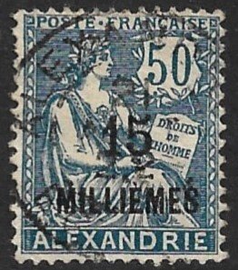 FRANCE OFFICES IN EGYPT 1921-23 15m on 50c ALEXANDRIA Issue Sc 56 VFU