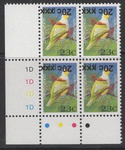 FIJI SGF1362a 2008 20c on 23c BIRDS TYPE IIIh SURCHARGE INVERTED MNH BLOCK OF 4