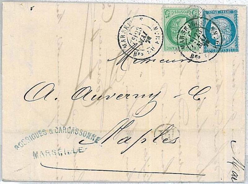 FRANCE -  POSTAL HISTORY : COVER from GRASSE to NAPOLI 1874