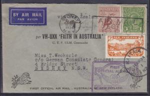 Australia Sc 114, 139, New Zealand C3 on 1934 Faith Australia First Flight Cover