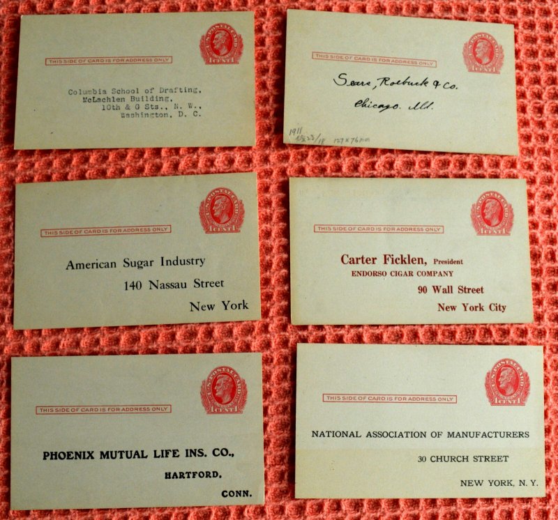 1911 US Sc. #UX23 lot of 6 unused postal cards, all different, nice lot