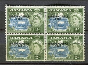 JAMAICA; 1962 early QEII Independence issue fine used 2s. BLOCK of 4