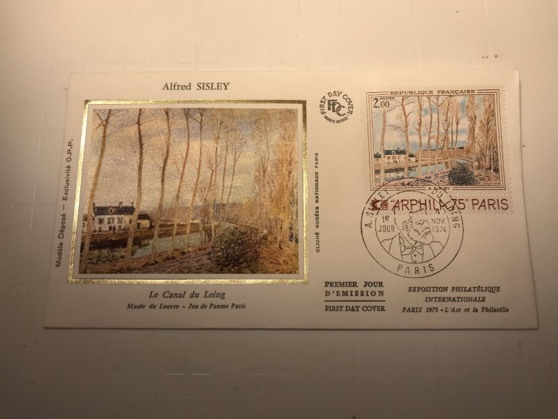 France Colorano silk FDC, 9 novembre 1974, Alfred Sisley, Canal du Loing