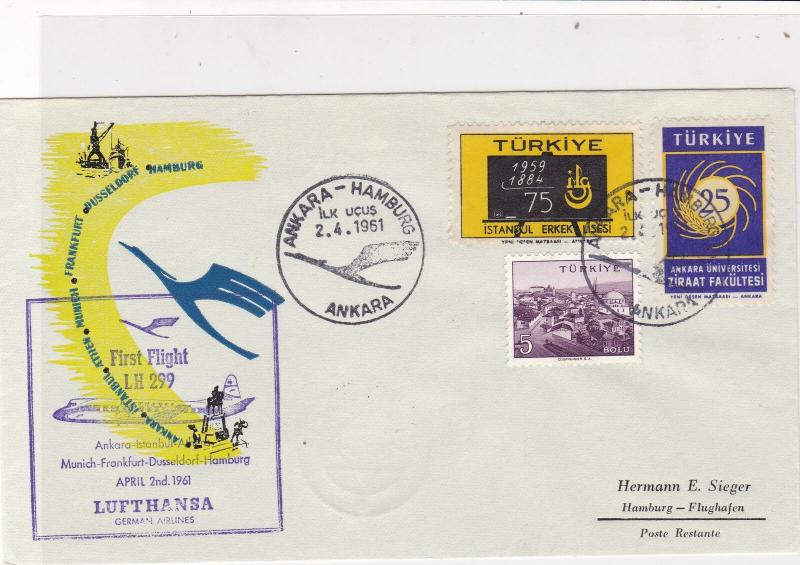 Turkey 1961 1st Flight Ankara-Hamburg Lufthansa Slogan Stamps Cover Ref 25908