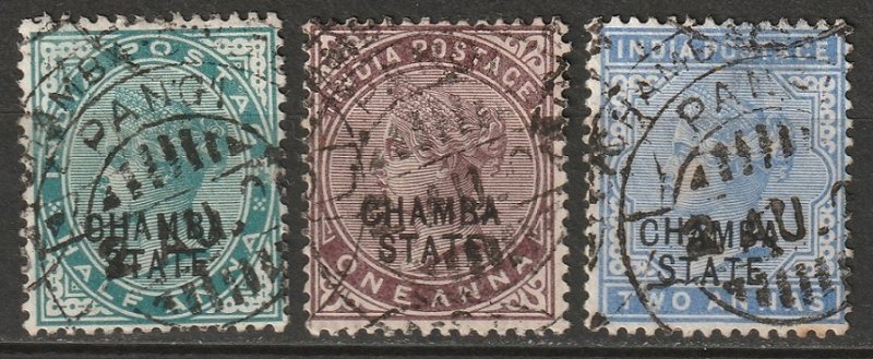 India Chamba 1887 Sc 1,2,4 used (4 thin/tear at top)