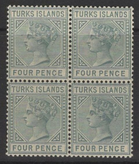 TURKS ISLANDS SG57 1884 4d GREY DIE I MTD MINT BLOCK OF 4