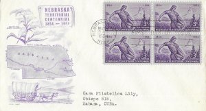 1954 FDC, #1060, 3c Nebraska Territory, CC/Boll, block of 4