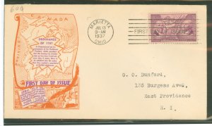 US 795 1937 3c Northwest Territory/Ordinance of 1787 (single) on an addressed (typed) first day cover with a colorized dyer cach