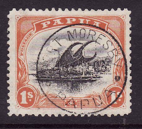 Papua-Sc#40a-1sh orange-used-Lakatoi-ship-dated-Port Moresby 19 Nov 1908-perf 11