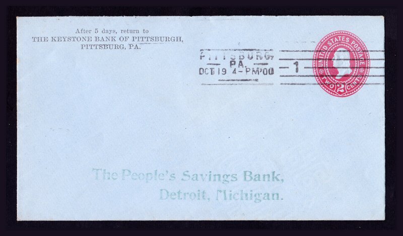  1900 PITTSBURG PA - BARRY MACHINE CANCEL ON POSTAL STATIONARY SCOTT #U365