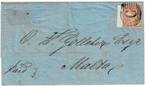 British Offices in Levant 1862 Constantinople C cancel on cover to MALTA