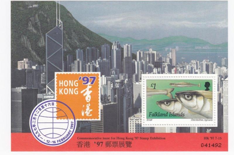 FALKLAND ISLANDS # 671 MNH HONG KONG 97 S/SHEET $1 SMELT FISH