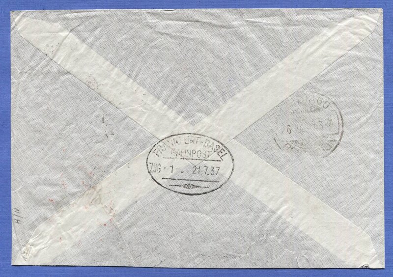 SWITZERLAND 1937 2Fr 50c Airmail, ST GALLEN - Chile, Germany, Rothschild