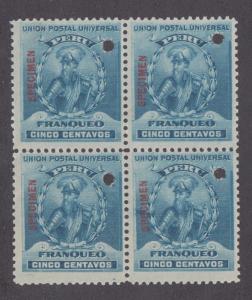 Peru Sc 145 MNH. 1896 5c blue Francisco Pizarro, SPECIMEN block of 4