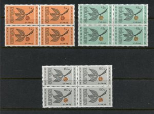 Cyprus #262-264 (C468) blocks of 4, comp 1965 Europa Leaves, MNH, VF, CV$101.40