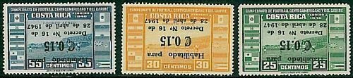 12346 - COSTA RICA - STAMPS - FOOTBALL: set of 3 stamps INVERTED overprint 1947-